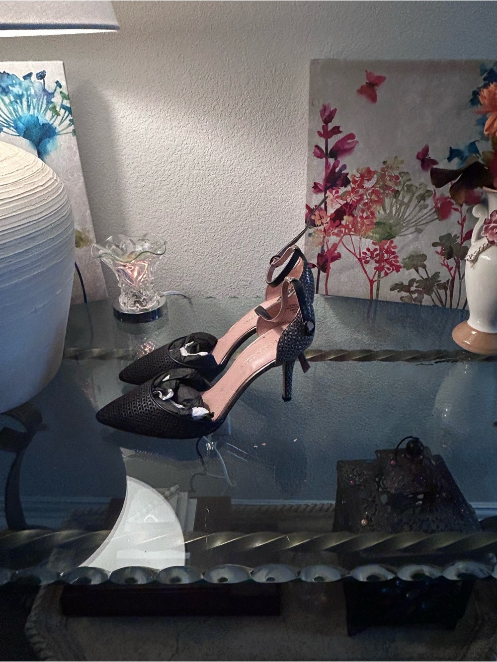 Two Tone Enzo Angiolini Black Pointed-Toe Ankle-Strap Heels